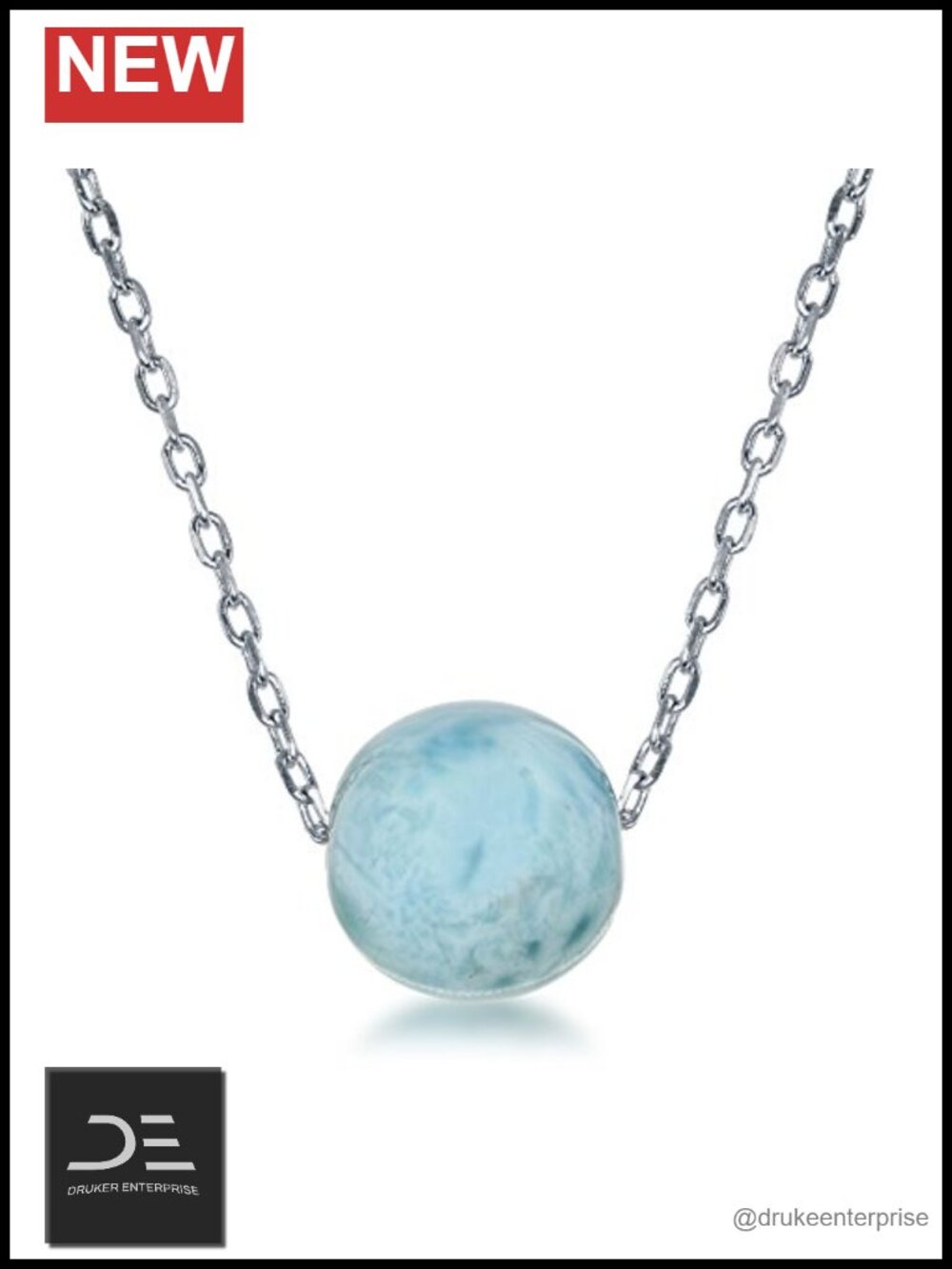 Sterling Silver Natural Larimar Stone Bead Necklace 16" with 2" Extender